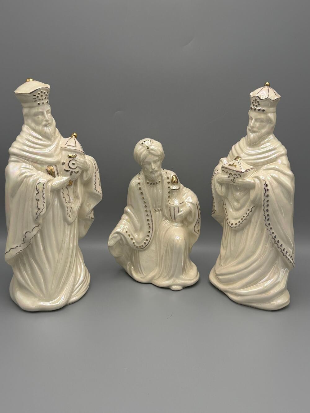 Iridescent Porcelain Three Wise Men Nativity Set Gold Trim Christmas Figurines